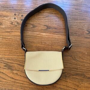 Rothy’s tan navy blue knit the saddle bag crossbody minimalist purse bag